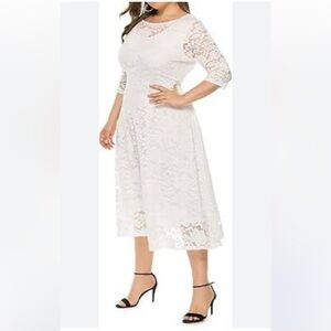 Dressystar Elegant White Lace Midi Dress Sz L Women Mother of the Bride